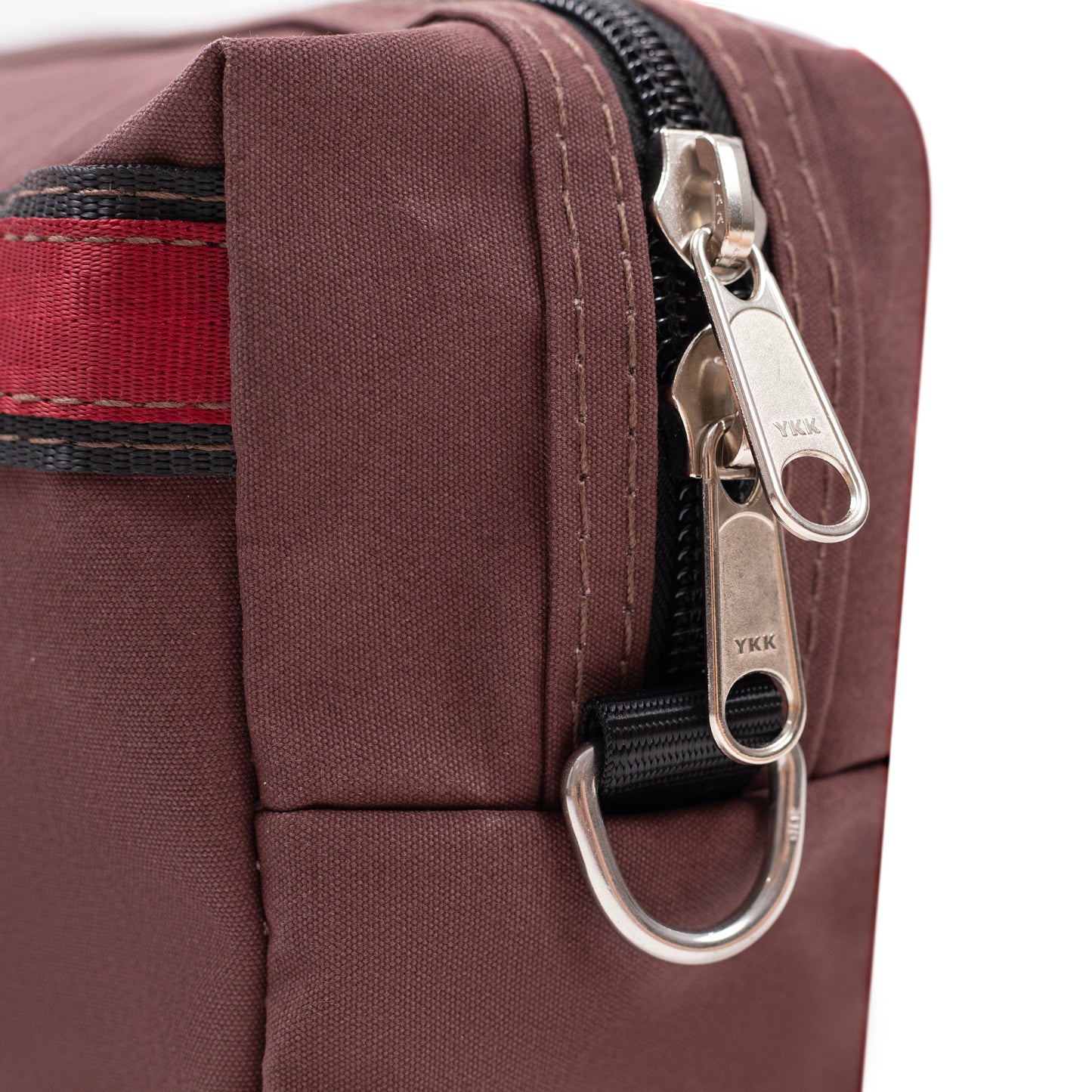 Large Burgundy Canvas Kit Bag showing zips.