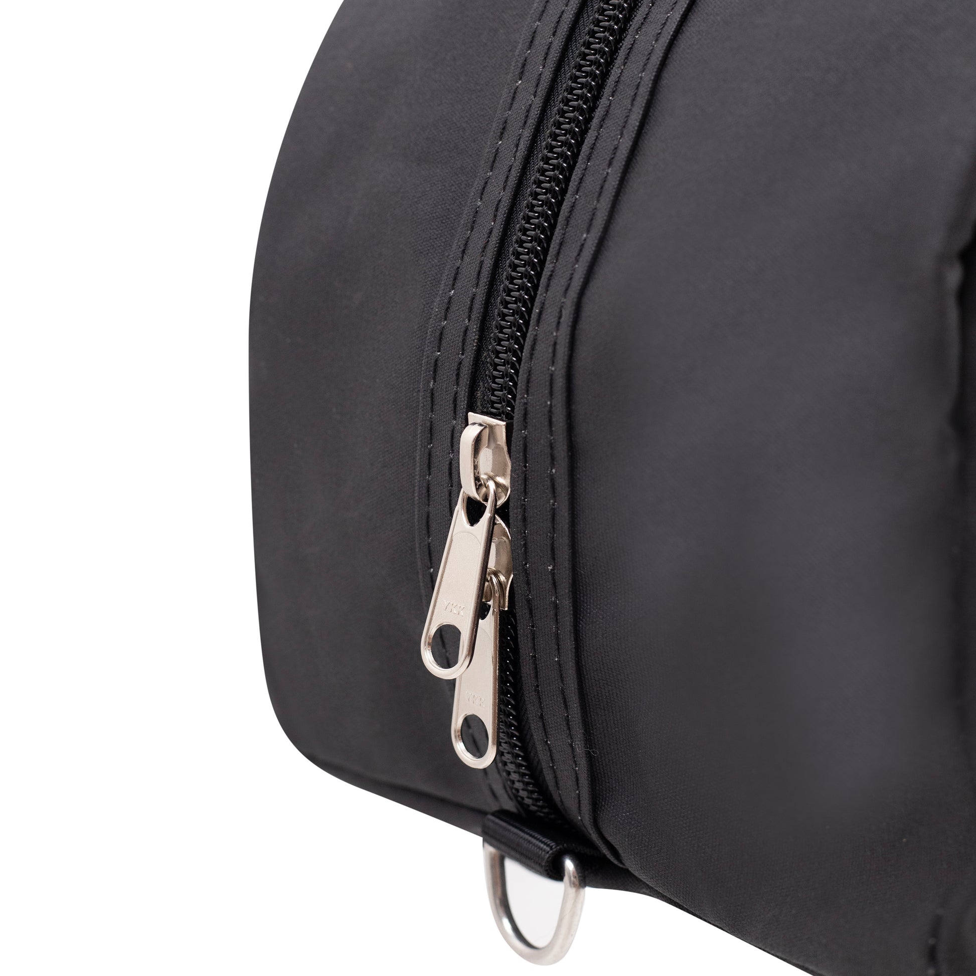 Black Overnight Canvas Bag up close view of zips.