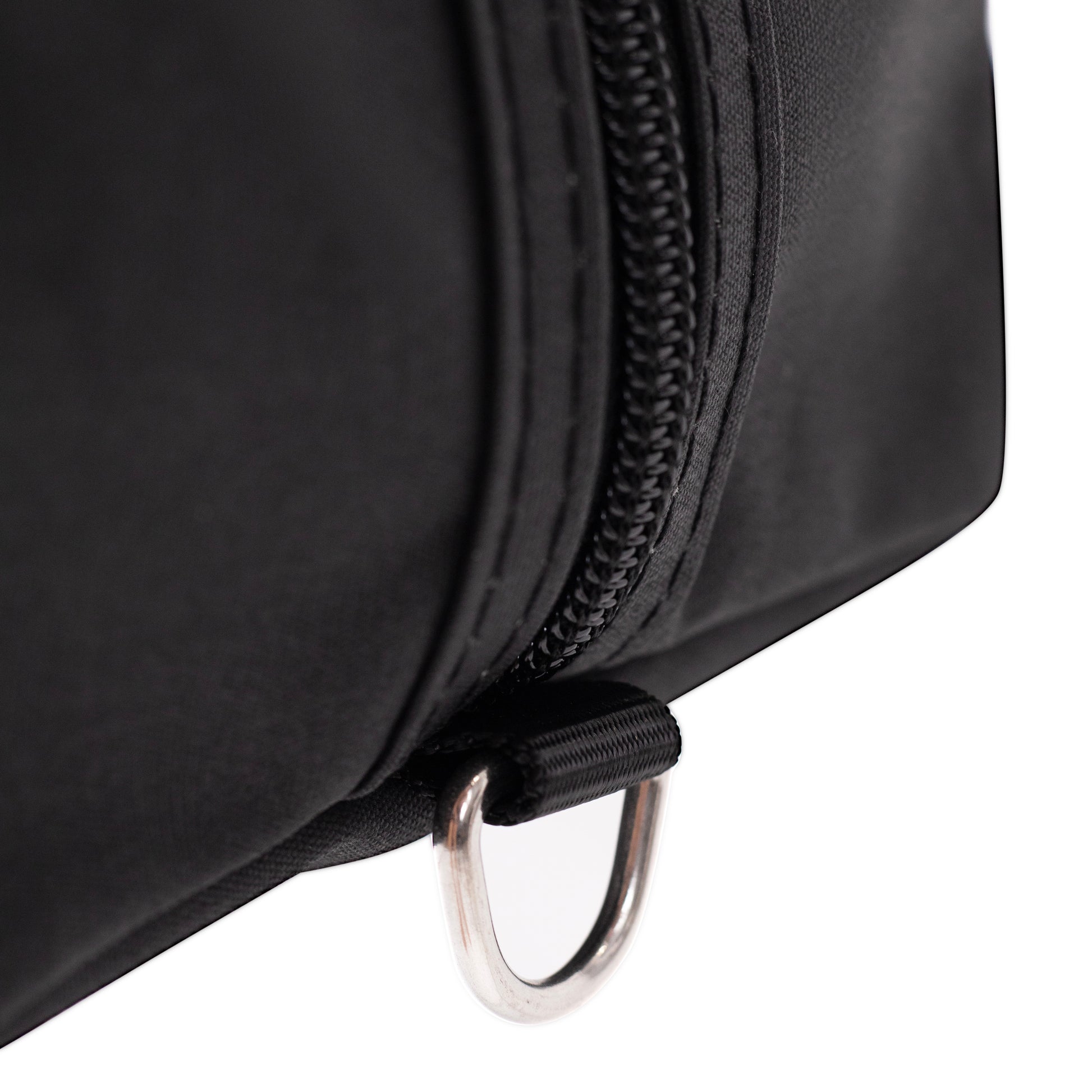 Black Overnight Canvas Bag up close view of zip and D-Ring.