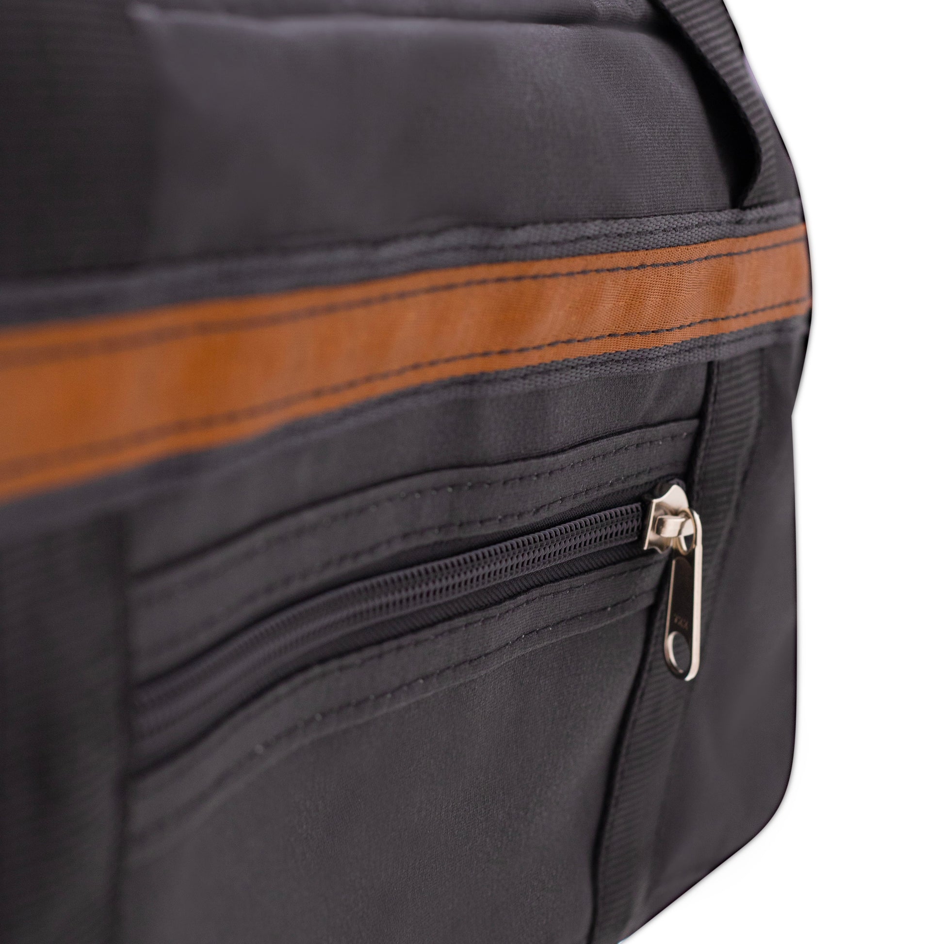 Black Overnight Canvas Bag up close view of zips and stitching.