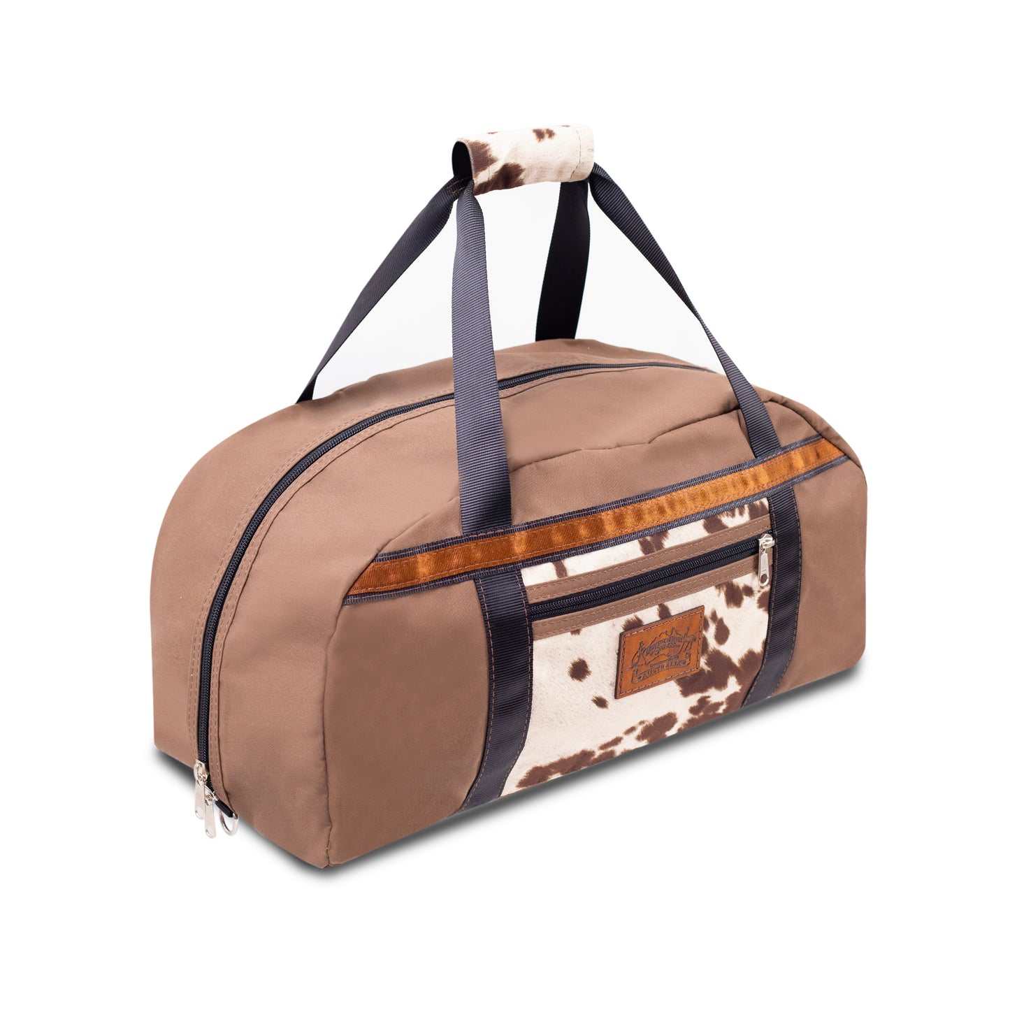 Antelope Brown Overnight Canvas Bag with limited edition cow print fabric.