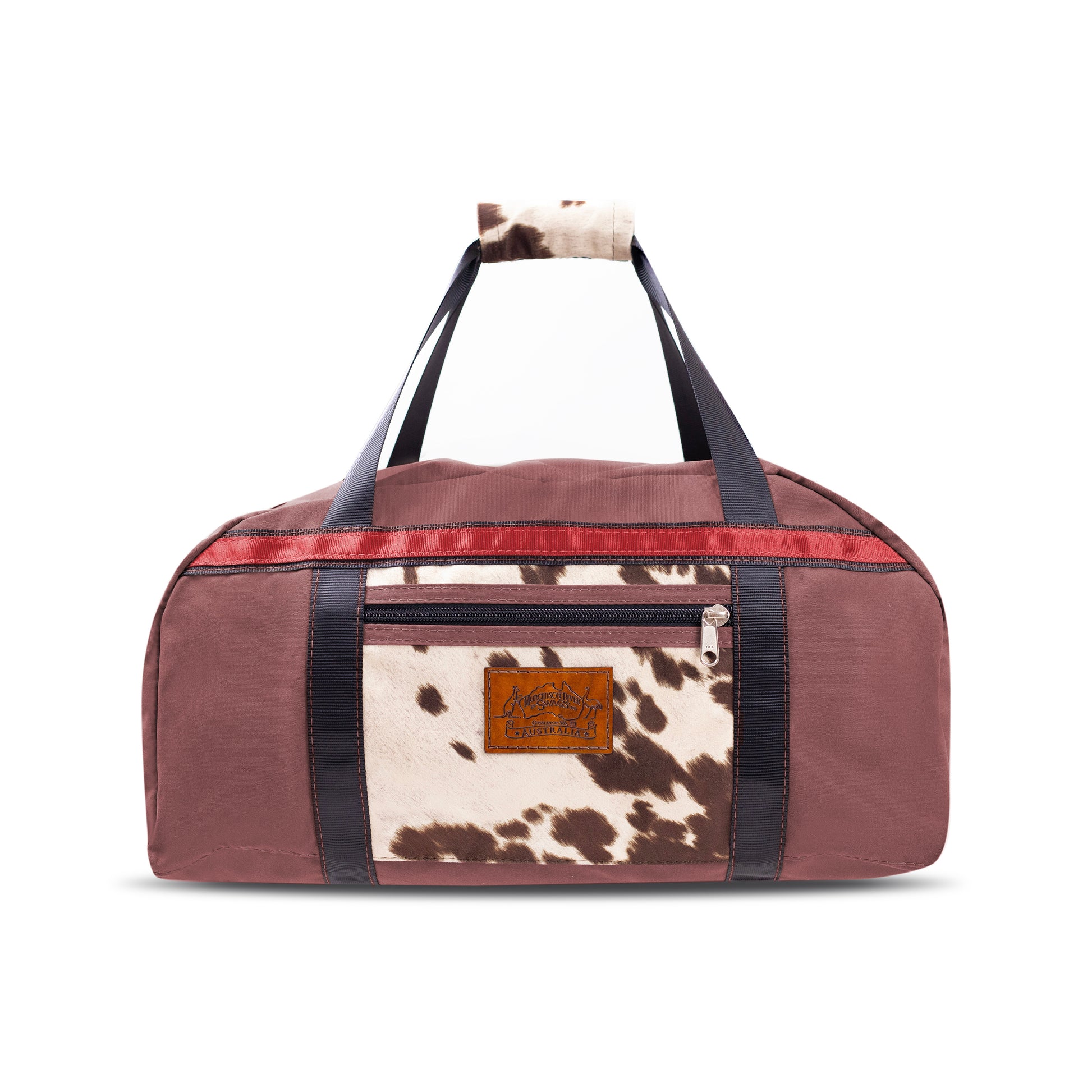 Burgundy Overnight Canvas Bag with limited edition cow print fabric.