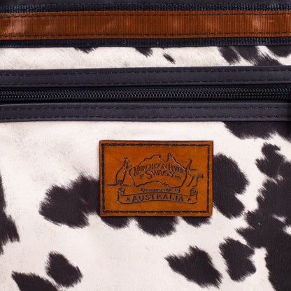 Black Overnight Canvas Bag with limited edition cow print fabric.