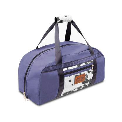 Navy Blue Overnight Canvas Bag with limited edition cow print fabric.