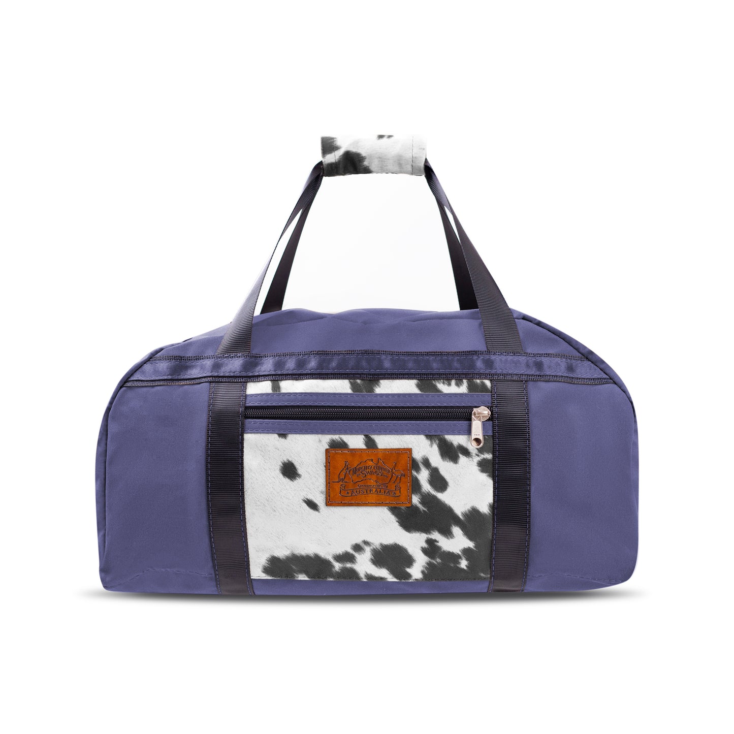 Navy Blue Canvas Travel Bag with limited edition cow print fabric.