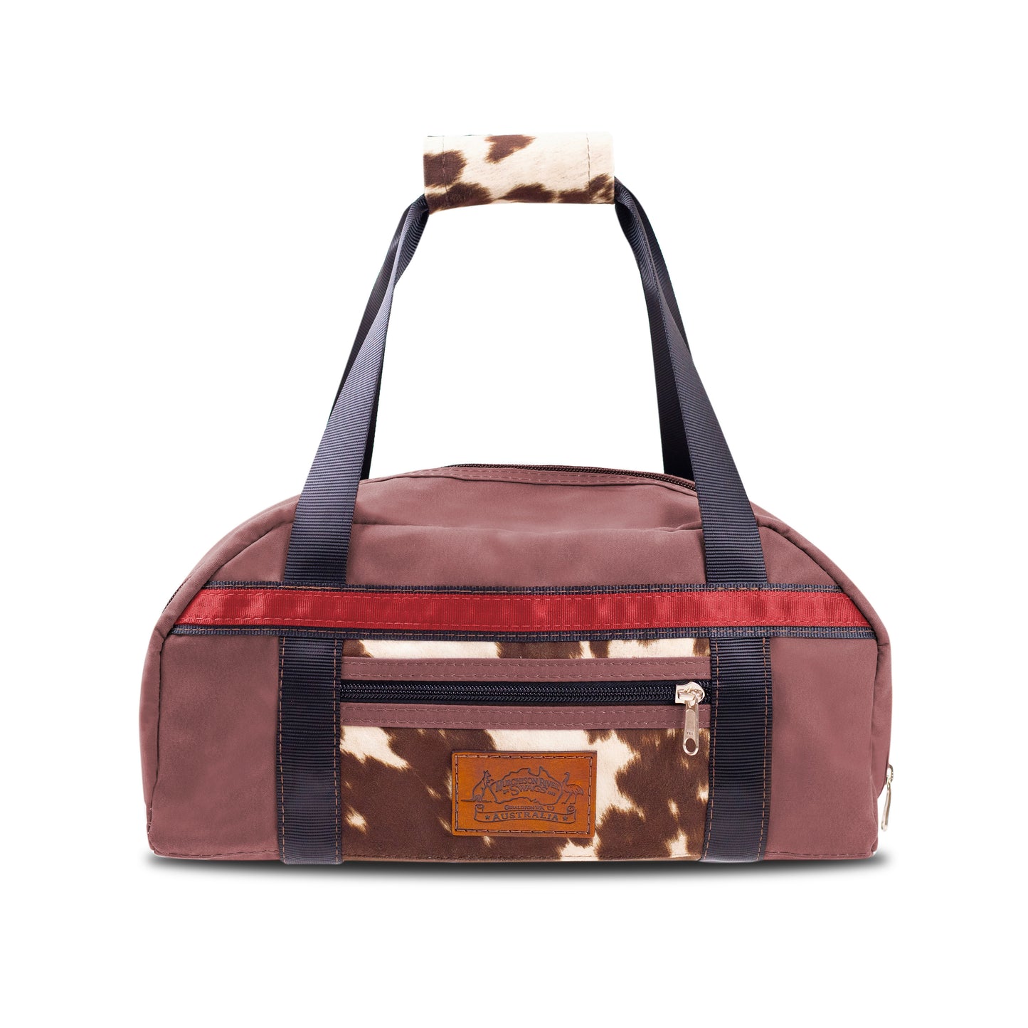 Burgundy Canvas Travel Bag with limited edition cow print fabric.