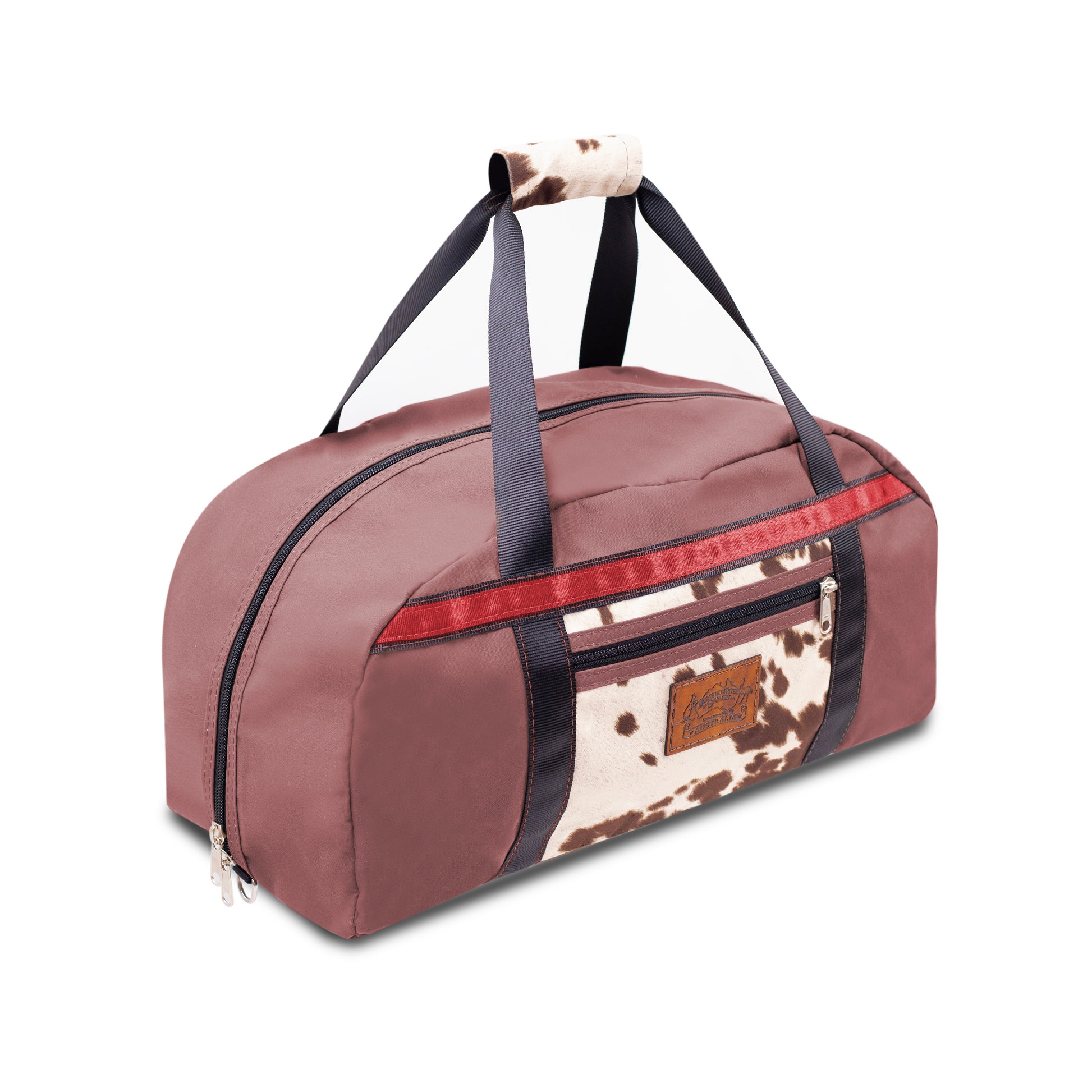 Burgundy Overnight Canvas Bag with limited edition cow print fabric.