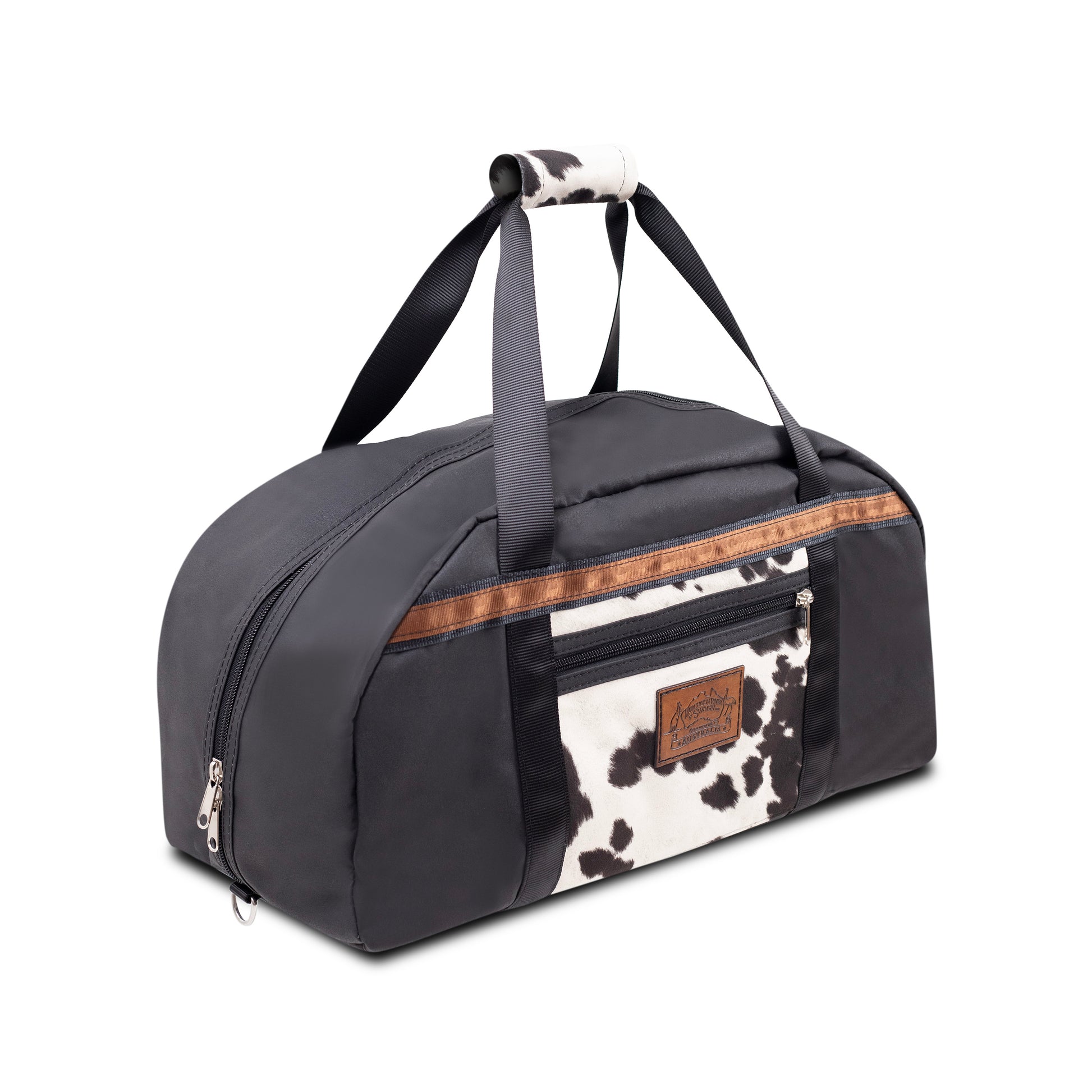 Black Overnight Canvas Bag with limited edition cow print fabric.